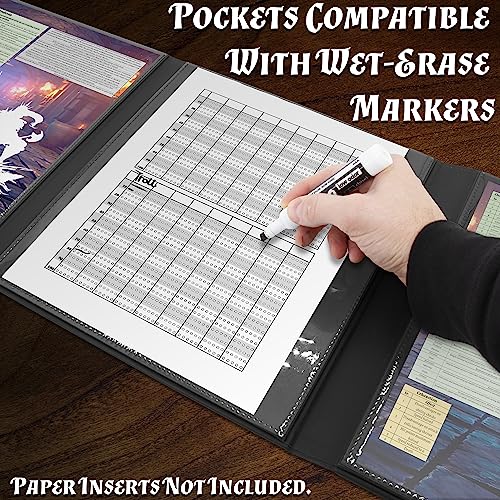 CASEMATIX DM Screen Faux Leather 8-Panel Deluxe GM Screen - Eight Panel Folding Game Master Screen with 2 Swinging Panels and Wet Erase Pockets for TTRPGs, Inserts Not Included, Black - color: Black