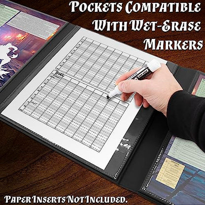 CASEMATIX DM Screen Faux Leather 8-Panel Deluxe GM Screen - Eight Panel Folding Game Master Screen with 2 Swinging Panels and Wet Erase Pockets for TTRPGs, Inserts Not Included, Black - color: Black