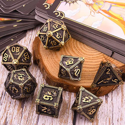 AUSTOR 7-Die Metal DND Dice Set Dungeons and Dragons Polyhedral Roll Playing Dice with Box D20 D12 D10 D% D8 D6 D4 for Pathfinder MTG RPG Board Games - color: Antique Bronze