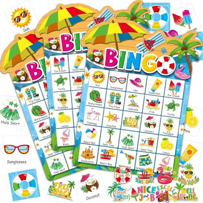 39Pcs Pool Party Bingo Game for Adults Kids 24 Players Summer Party Bingo Game Cards with Reward Stickers for Family Friend Student Large Group Activities Hawaiian Tropical Beach Parties Supply Favors - style: Pool Party