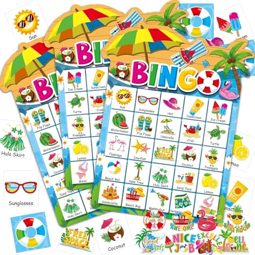 39Pcs Pool Party Bingo Game for Adults Kids 24 Players Summer Party Bingo Game Cards with Reward Stickers for Family Friend Student Large Group Activities Hawaiian Tropical Beach Parties Supply Favors - style: Pool Party