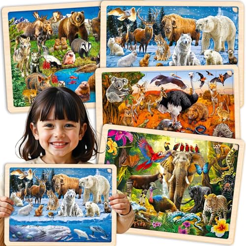 QUOKKA 4SET Puzzles for Kids Ages 4-6 - 36 Pcs Wooden Realistic Montessori Puzzles Ages 3-5 - Polar & Tropical Regions, Yellowstone & Australian Animals Learning Games for Boys and Girls 4-8 Year Old - color: Yellowstone