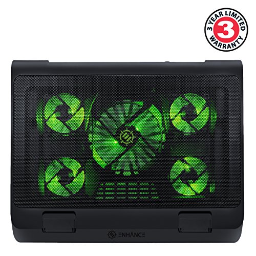 Enhance Gaming Laptop Cooling Pad Stand with LED Cooler Fans, Adjustable Height, & Dual USB Port for 17 inch Laptops - 5 Ultra Quiet High Performance Fans 2630 RPM & Built-in Bumpers - Green - color: Green