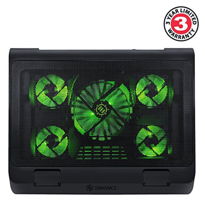Enhance Gaming Laptop Cooling Pad Stand with LED Cooler Fans, Adjustable Height, & Dual USB Port for 17 inch Laptops - 5 Ultra Quiet High Performance Fans 2630 RPM & Built-in Bumpers - Green - color: Green