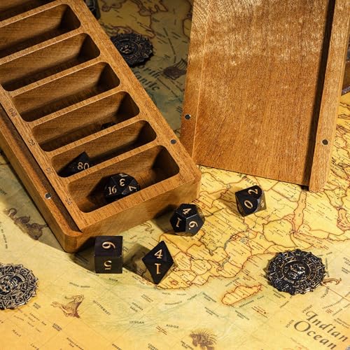 Wooden DND Dice Case with Magnetic Lid for Storing 3 Sets of 7 Polyhedral Dice for D&D Tabletop Games