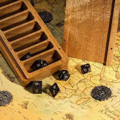 Wooden DND Dice Case with Magnetic Lid for Storing 3 Sets of 7 Polyhedral Dice for D&D Tabletop Games
