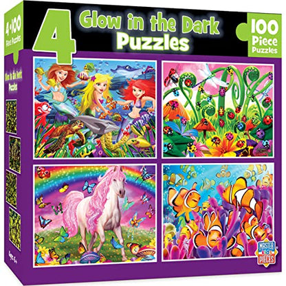MasterPieces – Jigsaw Puzzle Set for Kids 6+ Years, 4-Pack of 100 Pieces, Educational and Fun Game, Purple Glow in the Dark Collection, Gift Idea for Children, 8" x 10 - style: Glow in the Dark V1