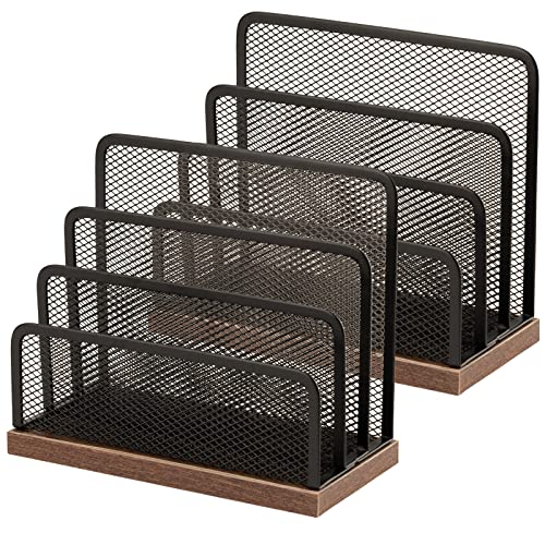 Wooden Desk Mail Organizer, Desktop File Organizer Metal Mesh with 3 Vertical Upright Compartments, Mail Sorter Letter Organizer Rack for Letters, Postcards, Brochures, Mail Holder (2 Pack Black)