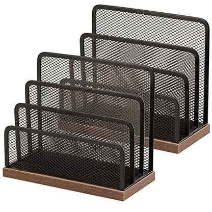 Wooden Desk Mail Organizer, Desktop File Organizer Metal Mesh with 3 Vertical Upright Compartments, Mail Sorter Letter Organizer Rack for Letters, Postcards, Brochures, Mail Holder (2 Pack Black)