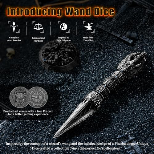 Unique Metal DND Wand dice Set with Bagua Stand, Seven as one, Roulette dice Rotator, Suitable for Role-Playing or Steampunk Themed Games with D20 D12 D10 D8 D6 D4 D00% Metal dice Set (Black) - color: Black