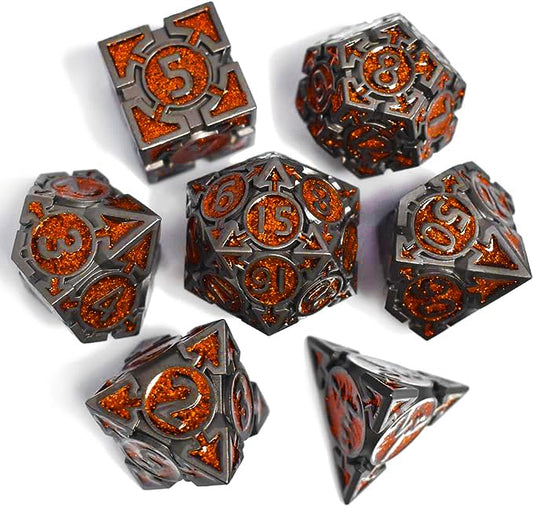 RULE DICE DND Metal Dice Set, Dungeons and Dragons D&D Dice Set, 7 die Metal DND Polyhedral Orange Dice Sets with Gift Box, MTG PRG D and D Dice for Role Playing Multiplayer Games - color: A-orange