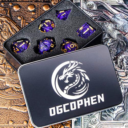 DND Skull Dice Set 7PCS Necromancer Polyhedral Dice for Dungeons Dragons RPG Role Playing Game, Resin Sharp Edged D and D Dice with Gift Box D6 D8 D10 D12 D20 (Purple) - color: Purple&gold