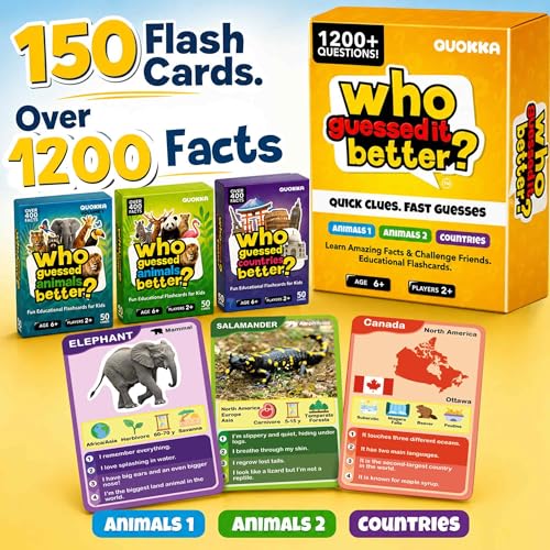 Quokka Who Guess It Better Game Set – Animals & Countries Educational Game with Visual Clues, 3 Card Sets Bundle, Screen-Free Travel Games for Kids Ages 6+ - color: 3set