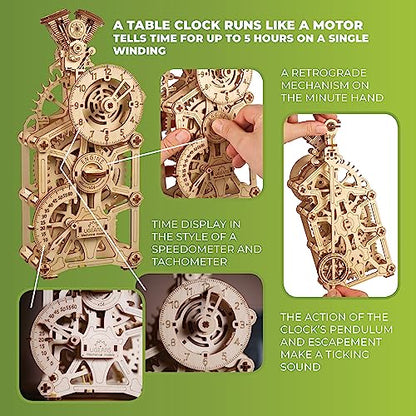 UGEARS Engine Clock 3D Wooden Puzzles for Adults – Wooden Model Kits for Adults, Mechanical Clock Kit with Moving Pistons, Steam Engine Kits, Clocks Kits for Do It Yourself, Brain Teaser 3D Puzzle - style: Engine Clock