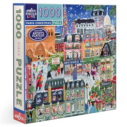 eeBoo Paris Christmas 1000 Piece Square Jigsaw Puzzle, 23" x 23" | Double coated, sturdy & dust free pieces with a satisfying snap. Includes full color reference insert. Vibrant, original art - style: Paris Christmas