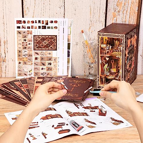 MiniCity Painter at Dusk Book Nook Kit, 3D Wooden Bookshelf Puzzle with LED | 7.1 x 4.3 x 9.1 in; 267-piece DIY kit with LED and dust cover; glue/tools included; 6-8 hr build for shelf display, ages 14+. - style: Painter's Day at Dusk