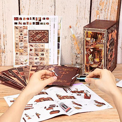 MiniCity Painter at Dusk Book Nook Kit, 3D Wooden Bookshelf Puzzle with LED | 7.1 x 4.3 x 9.1 in; 267-piece DIY kit with LED and dust cover; glue/tools included; 6-8 hr build for shelf display, ages 14+. - style: Painter's Day at Dusk