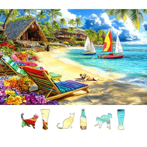500 Piece Jigsaw Puzzle for Adults Tropical Beach Summer Scene with Sailboats & Palm Trees, Relaxing Vacation Puzzle with Letters on Back Fun Gift for Seniors, Family, Adults (23x15 Inch) - color: Colorful Tropical Beach, size: (23"x15")