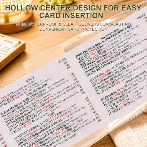 4 Pack Mahjong Line Finder with Card Sleeves Combo, Waterproof Color Rules Helper and Center Opening PVC Protective Covers,Fit 6 1/8" x 4 3/4" Mahjong Cards ，Beginner Friendly Mahjong Supplies