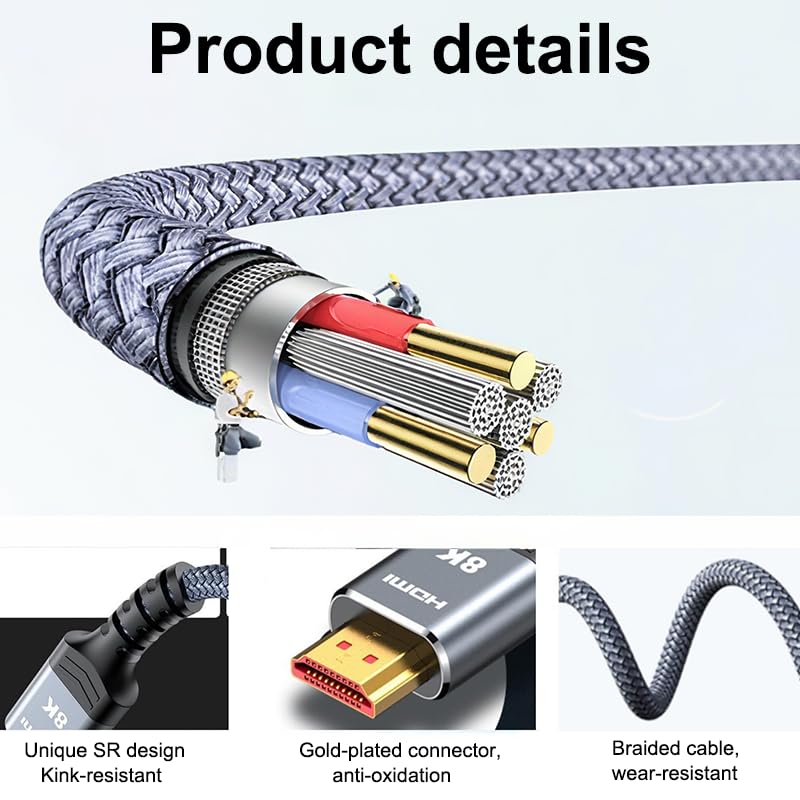 8K@60 Long HDMI Cable 5FT, 48Gbps 2.1 High Speed Gaming HDMI Cord, Braided Nylon & Gold Connectors for TV/Laptop/Monitor/PS-5/X-box/Projector/Entertainment/Sound System & More, Grey