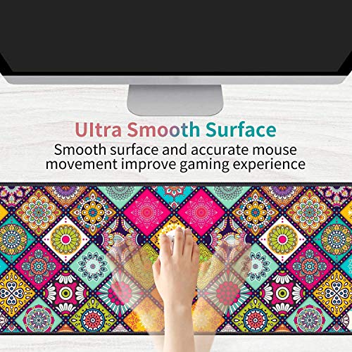 Desk Pad Mat Gaming Mouse Pads with Coasters Set, Stitched Edges Design Mouse Pad XXL Large Mouse Pad for Laptop Computers Flower Mandala Desk Writing Mat for Office & Home 31.5"x 11.8" - color: Flower Mandala