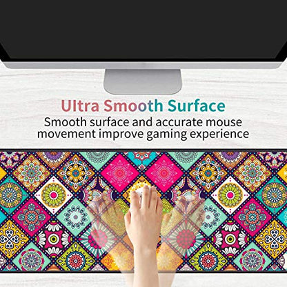 Desk Pad Mat Gaming Mouse Pads with Coasters Set, Stitched Edges Design Mouse Pad XXL Large Mouse Pad for Laptop Computers Flower Mandala Desk Writing Mat for Office & Home 31.5"x 11.8" - color: Flower Mandala
