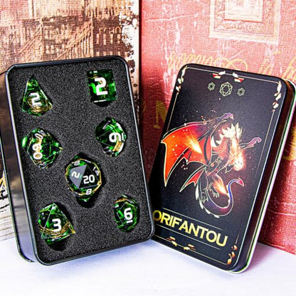 Magic Golden Ring DND Dice Set with Case, Green Resin Sharp Edge D and D Dice for use with D&D Tabletop Games Lord Handmade Polyhedral Dice Set D20 D12 D10 D8 D6 D4 - color: Ring - Green-2