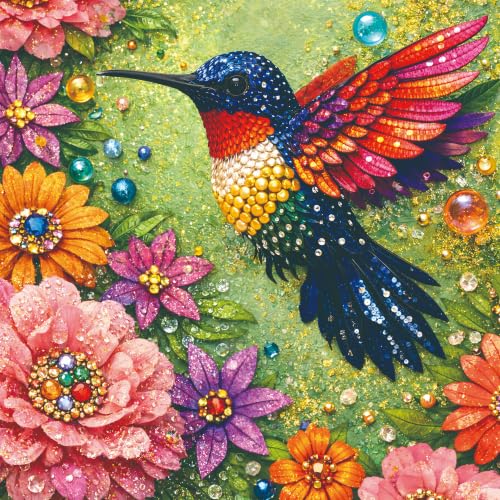 1024 Pieces Puzzle for Adults | Jeweled Hummingbird & Flowers Jigsaw Puzzle, Sparkly Art Wall Decor & Gift for Nature Lovers, 23.86“ x 23.86” - color: Hummingbird and Flowers