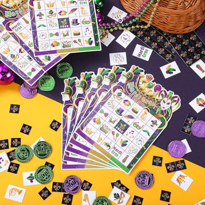 Blosssound Mardi Gras Bingo Game Set Bingo Cards for 24 Players Mardi Gras Party Game for Family Activities Carnival Holiday Cards for Party Favor - style: Mardi Gras