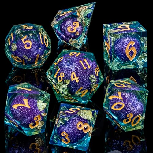 ARUOHHA Liquid Core DND Dice Set, 7pcs Resin Sharp Edged Dragons Dice RPG Role Playing Games, Purple Blue Polyhedral Dungeons D and D Dice with Gift Box D20 D12 D10 D8 D6 D4 - color: Purple Blue