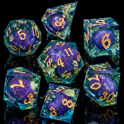 ARUOHHA Liquid Core DND Dice Set, 7pcs Resin Sharp Edged Dragons Dice RPG Role Playing Games, Purple Blue Polyhedral Dungeons D and D Dice with Gift Box D20 D12 D10 D8 D6 D4 - color: Purple Blue