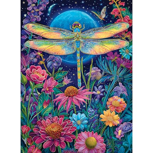 Moonlit Dragonfly in Flower Garden 500 Piece Jigsaw Puzzle, Relaxing Game | Fun and challenging for family time, relaxing gift for adults and seniors, 20.5 x 15 in - style: Dragonfly