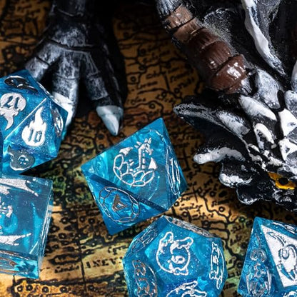 Cusdie 7-Piece Sharp Edges DND Dice Set with Dragon Pattern - Perfect for Tabletop RPGs Board Games Gifting and Collecting(Transparent Blue/Silver Number) - color: Dragon Pattern Tb/S