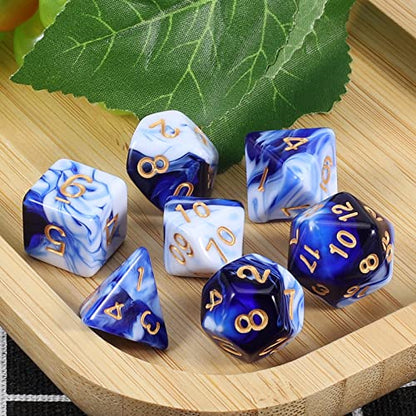 CiaraQ 7pcs Polyhedral Dice Set for Dungeon and Dragons MTG Table Games | Acrylic Role Playing Dice for D&D with Black Velvet Bag – Blue & White Marble Swirl with Gold Numbers - color: Blue & White Marble Swirl With Gold Numbers