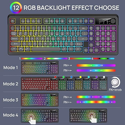 KOLMAX BT98 Wireless Keyboard and Mouse Combo,Triple Mode 2.4G/Wired/Bluetooth Gaming Keyboard and Mouse,Rechargeable Ergonomic RGB Backlit Light Up Keyboard Mouse with Knob for PC/Mac/Tablet - color: BT98 Black