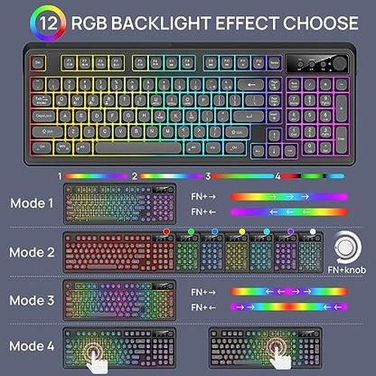 KOLMAX BT98 Wireless Keyboard and Mouse Combo,Triple Mode 2.4G/Wired/Bluetooth Gaming Keyboard and Mouse,Rechargeable Ergonomic RGB Backlit Light Up Keyboard Mouse with Knob for PC/Mac/Tablet - color: BT98 Black