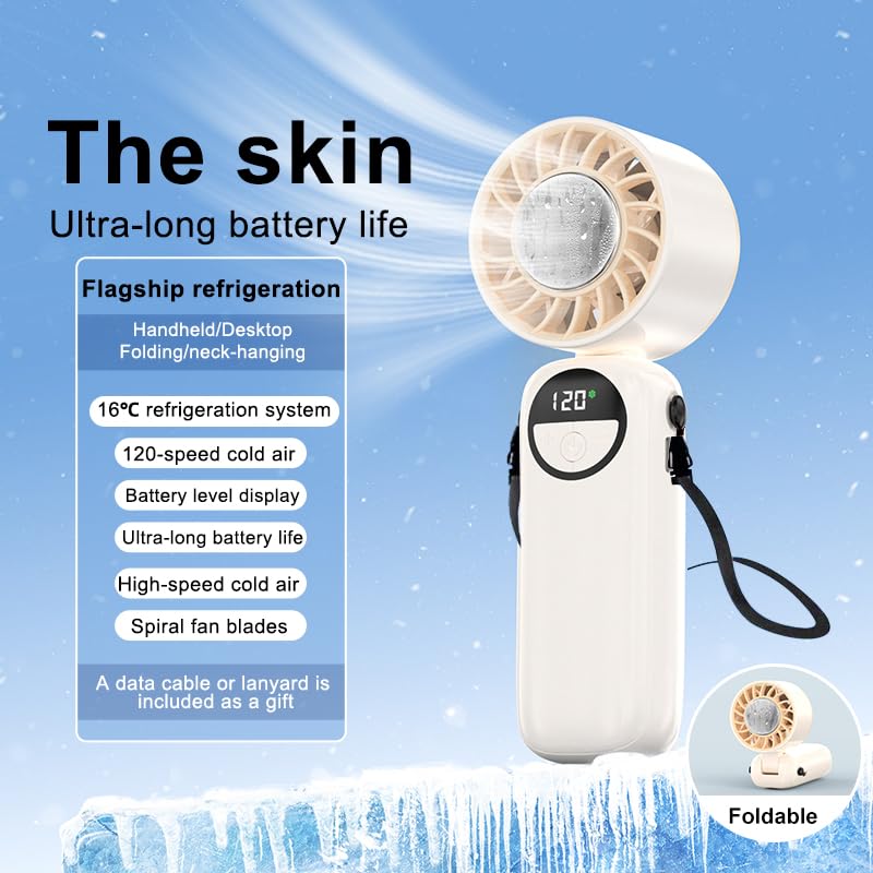 Portable Handheld Fan with Ice Cooling, USB Rechargeable Personal Hand Held Fan, 120 Gear Speed Wind Stepless Control, 4000mah Battery Operated, Powerful Hand Fan Neck Fan for Travel Outdoor (White)