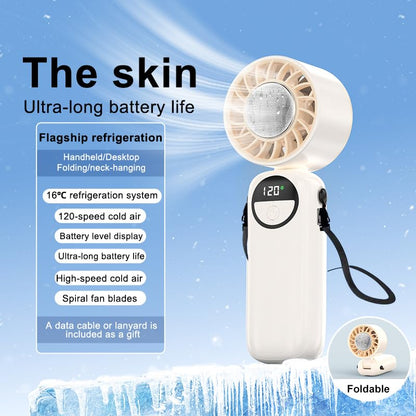 Portable Handheld Fan with Ice Cooling, USB Rechargeable Personal Hand Held Fan, 120 Gear Speed Wind Stepless Control, 4000mah Battery Operated, Powerful Hand Fan Neck Fan for Travel Outdoor (White)