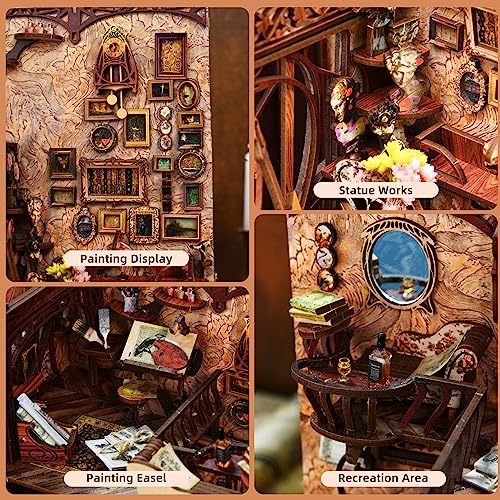 MiniCity Painter at Dusk Book Nook Kit, 3D Wooden Bookshelf Puzzle with LED | 7.1 x 4.3 x 9.1 in; 267-piece DIY kit with LED and dust cover; glue/tools included; 6-8 hr build for shelf display, ages 14+. - style: Painter's Day at Dusk