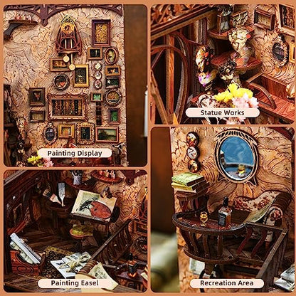 MiniCity Painter at Dusk Book Nook Kit, 3D Wooden Bookshelf Puzzle with LED | 7.1 x 4.3 x 9.1 in; 267-piece DIY kit with LED and dust cover; glue/tools included; 6-8 hr build for shelf display, ages 14+. - style: Painter's Day at Dusk