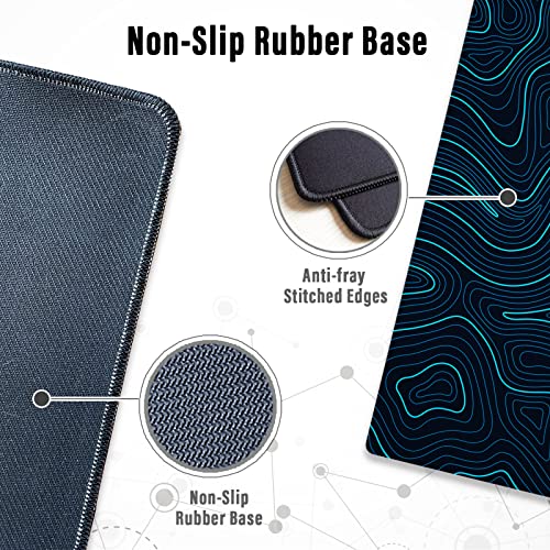 Ovenbird Gaming Mouse Pad with Stitched Edges, Topographic Map Blue Extended XL Mousepad with Anti-Slip Base, Cool Large Mouse Pad for Desk, 31.5 x 11.8 in, Blue - color: Blue Topo, size: Extended