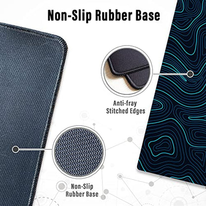Ovenbird Gaming Mouse Pad with Stitched Edges, Topographic Map Blue Extended XL Mousepad with Anti-Slip Base, Cool Large Mouse Pad for Desk, 31.5 x 11.8 in, Blue - color: Blue Topo, size: Extended