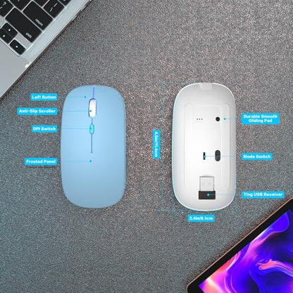AIKOKOK Wireless Bluetooth Mouse, Rechargeable Dual Mode Mouse, Blue | BT 5.2 & 2.4G USB Receiver, 3 Adjustable DPI,LED Lights,Slim,Silent,Portable Computer Mouse for Laptop,PC,MacBook,iPad,Tablet - color: Blue