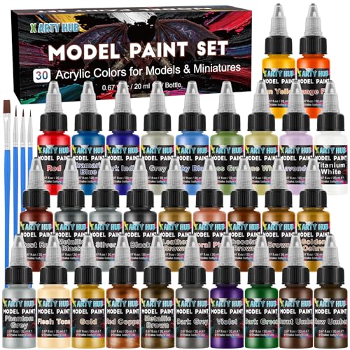 X ARTY HUB Model Paint Set, 30-Color Miniature Painting Kit with 4 Brushes | Brush or Airbrush Acrylic Paint Kit for Model Cars, Tabletop Figures & Wargaming Miniatures, Base/Skin/Shadow/Metallic Colors - color: 30 Colors + 4 Brushes