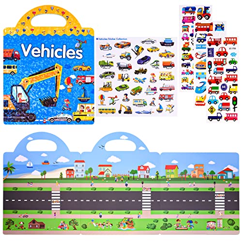 ASTARON 88 Pcs Vehicle Sticker Book for Toddlers, Reusable 3D Sticker Books Road Trip Activities Car Airplane Activities Travel Toys for Kids(2-6 Age) - style: Vehicles