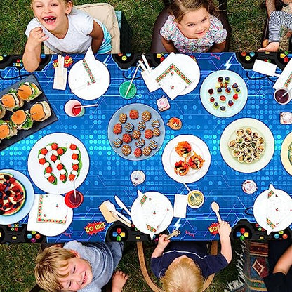 gisgfim 3pcs Video Game Tablecloths Gamer Tablecloth Birthday Party 106x54 Inch Gaming Party Plastic Table Cover Blue Gamer Table Cloth Game On Birthday Supplies for Kids Gaming Decor Favors
