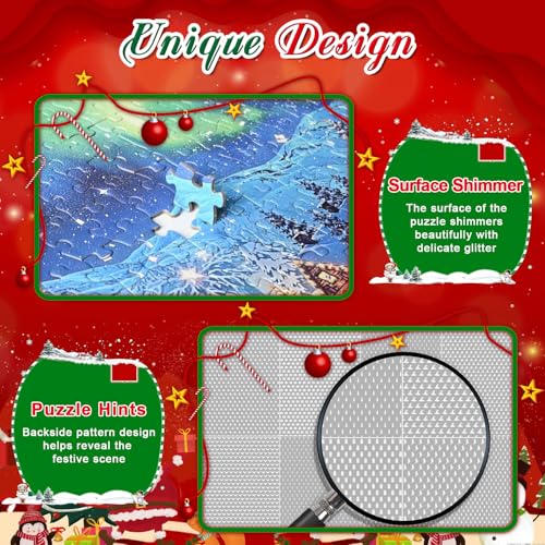 Christmas Puzzles 1000 Pieces for Adults,Jigsaw Puzzles 2 Pack - Challenging Christmas Games, Shimmering Northern Lights & Santa Scene, Christmas vaction Family Night Activity, Winter Wall Art Decor - style: Gifts&Aurora
