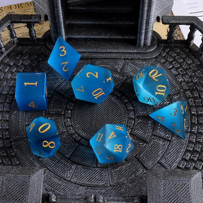 Natural Aquamarine Gemstone Dice Set, 7-Piece Handcrafted Polyhedral Dice with Gold Engraving, Ideal for D&D, RPG, MTG & Tabletop Games, Gift Box Included (Blue-Cat's Eye) - color: Blue-cat's Eye