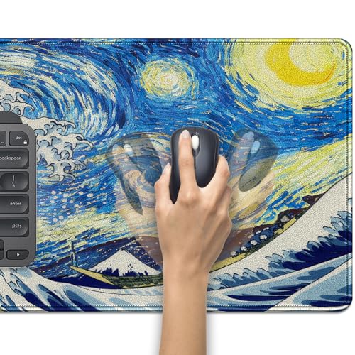 Starry Night & Great Wave Large Mouse Pad, 27.5x11.8in Art Painting Fusion Extended Desk Mat with Stitched Edges, Non-Slip Waterproof Rubber Base for Office, Computer & Laptop - color: Starry Night Waves