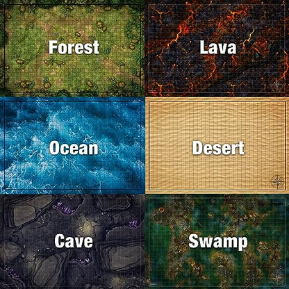 TIDYBOSS Dungeons and Dragons Expansion Set | 3 X Double Sides 24"x 36" Game Grid Mat | 6 Terrains with Lava, Sea, Forest, Cave, Swamp and Desert | Includes Dry Erase Markers, Eraser, Dice, Clips and